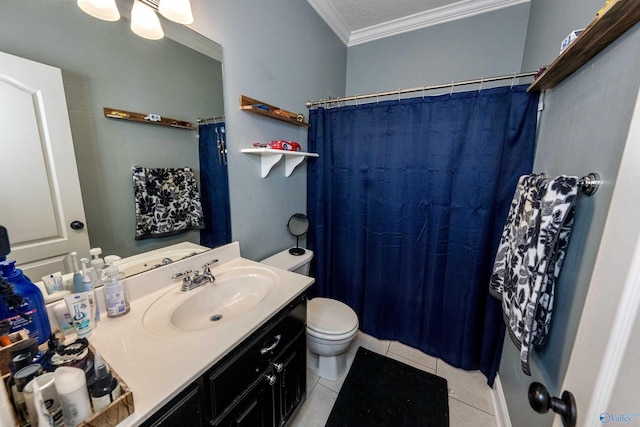 166 Hickory Rdg, Glencoe, AL 35905 - bathroom featuring crown molding, tile patterned floors, vanity, toilet, and curtained shower