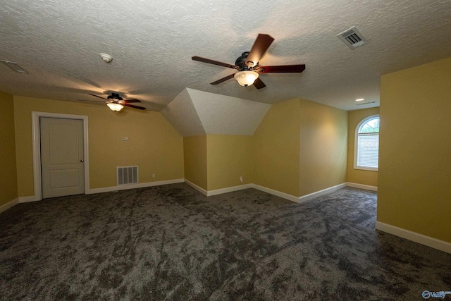 166 Hickory Rdg, Glencoe, AL 35905 - bonus room with ceiling fan, carpet floors, a textured ceiling, baseboards, and lofted ceiling