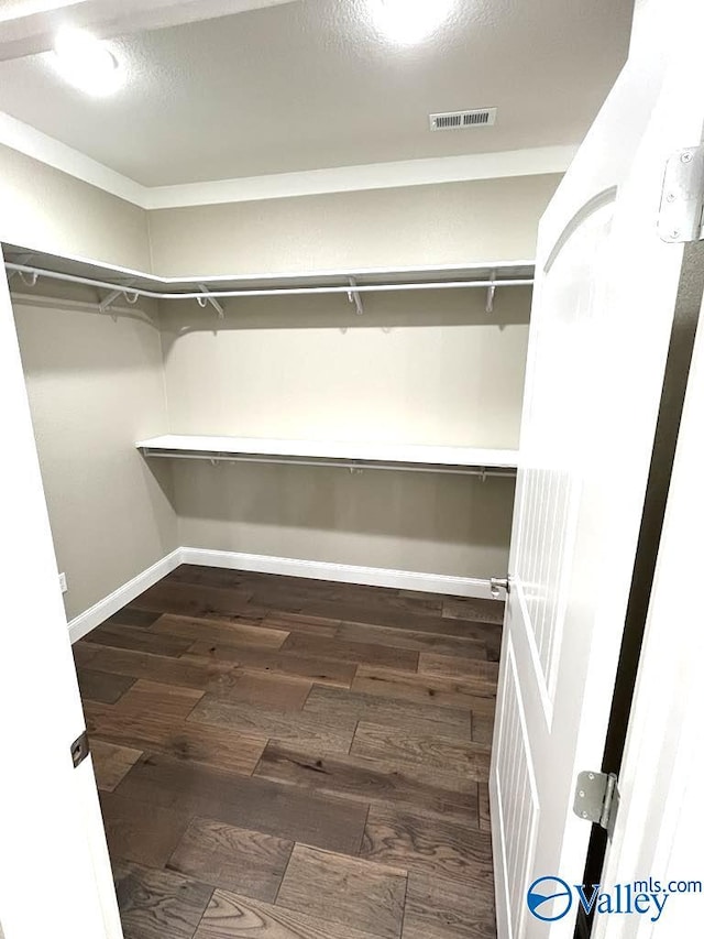 spacious closet featuring dark wood-style floors and visible vents