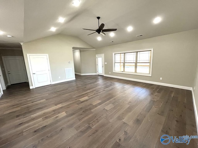 unfurnished living room with ceiling fan, visible vents, dark wood finished floors, and baseboards