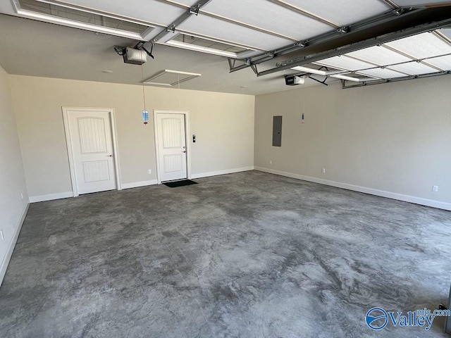 garage featuring baseboards, electric panel, and a garage door opener