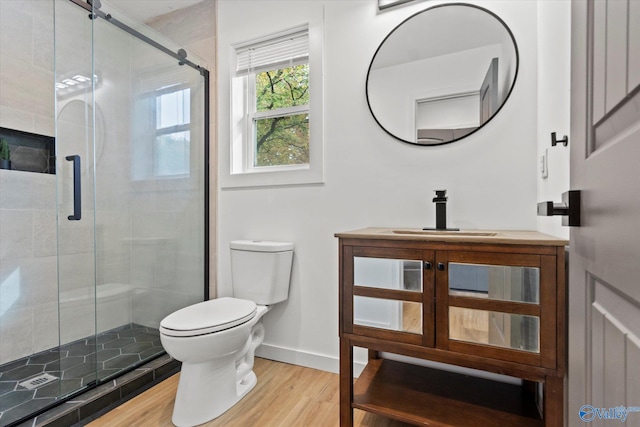 bathroom with vanity, toilet, hardwood / wood-style flooring, and a shower with shower door