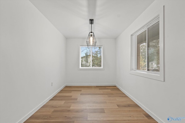 unfurnished dining area featuring a wealth of natural light and light hardwood / wood-style floors