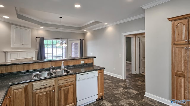 kitchen with baseboards, recessed lighting, a sink, a tray ceiling, and white dishwasher