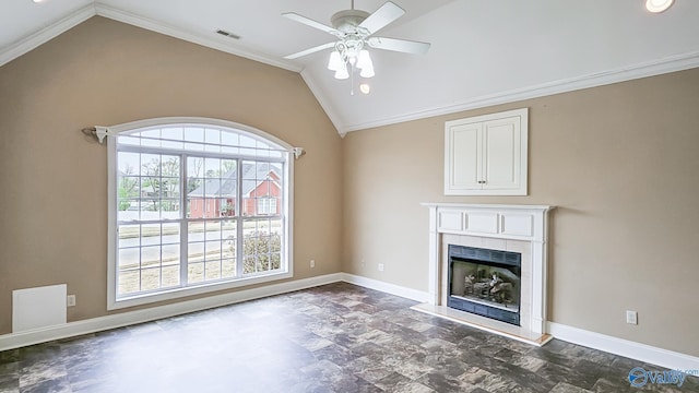 unfurnished living room featuring lofted ceiling, ornamental molding, baseboards, visible vents, and a ceiling fan