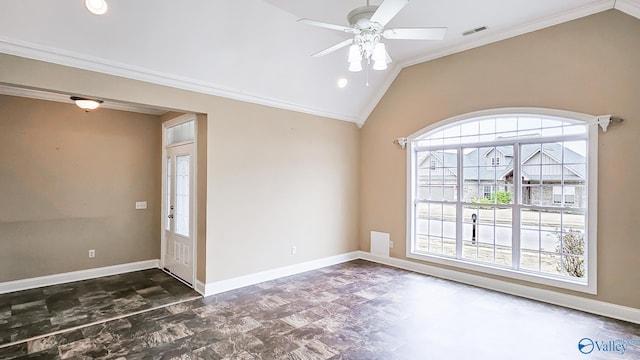 unfurnished room with visible vents, baseboards, ornamental molding, ceiling fan, and vaulted ceiling