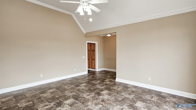 spare room with baseboards, lofted ceiling, crown molding, and a ceiling fan