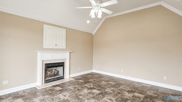 unfurnished living room with lofted ceiling, ceiling fan, a tile fireplace, and ornamental molding