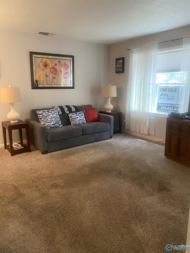 living area featuring carpet, visible vents, and baseboards