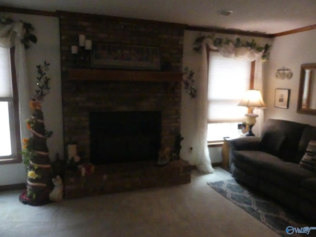 carpeted living room with a fireplace and ornamental molding