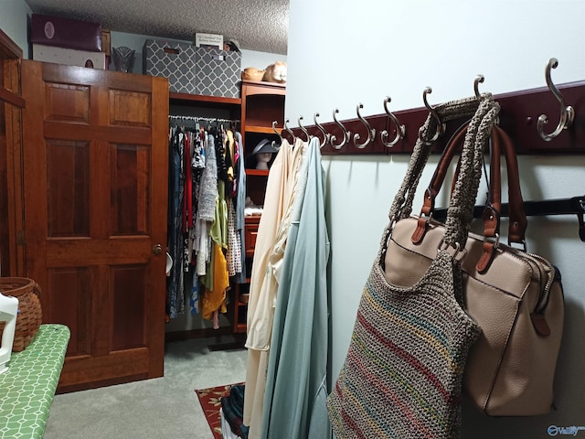 walk in closet featuring light colored carpet