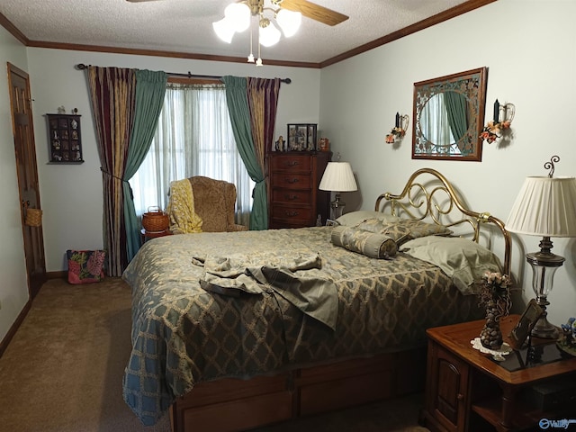 bedroom featuring ornamental molding, carpet floors, ceiling fan, and a textured ceiling