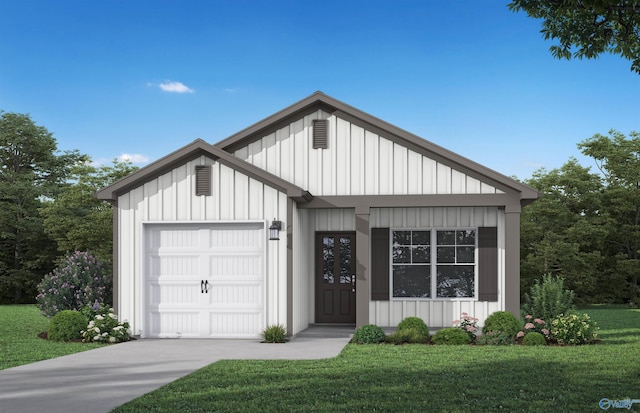 modern farmhouse with board and batten siding, a front lawn, driveway, and a garage