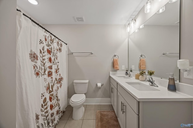 full bath featuring double vanity, a sink, visible vents, and tile patterned floors