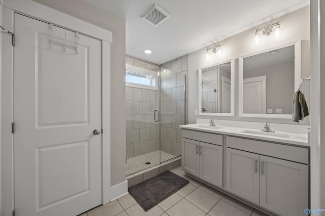 bathroom with tile patterned flooring, visible vents, a sink, and a shower stall