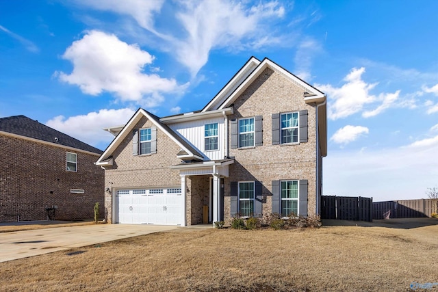 view of front facade featuring a garage, brick siding, fence, driveway, and a front yard