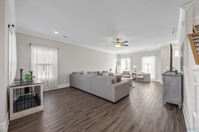 living area with ornamental molding, dark wood-type flooring, stairs, and a wealth of natural light