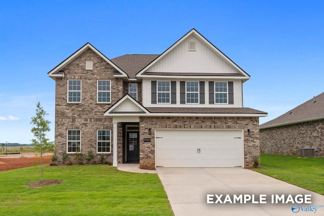 view of front of property featuring an attached garage, brick siding, driveway, and a front lawn