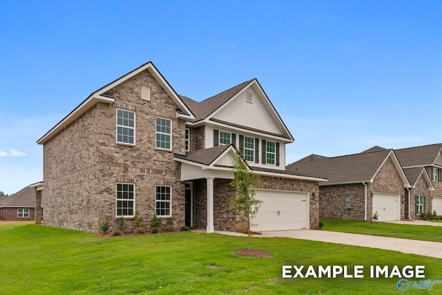 view of front facade with brick siding, driveway, and a front lawn