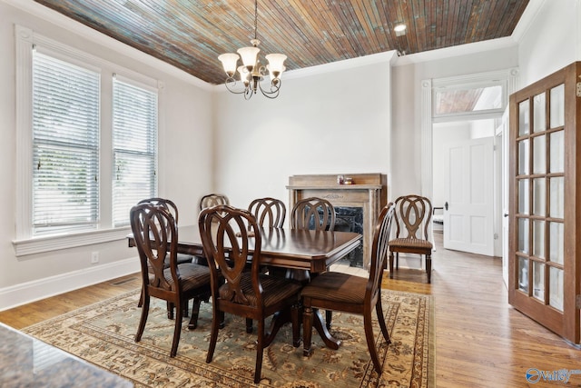 dining area with a healthy amount of sunlight, wooden ceiling, and ornamental molding