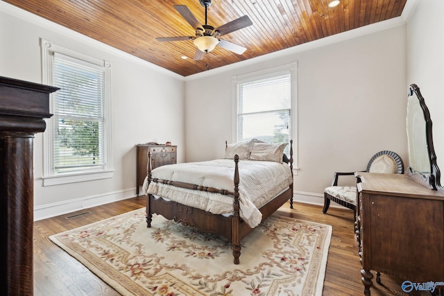 bedroom with ceiling fan, wood ceiling, and wood-type flooring