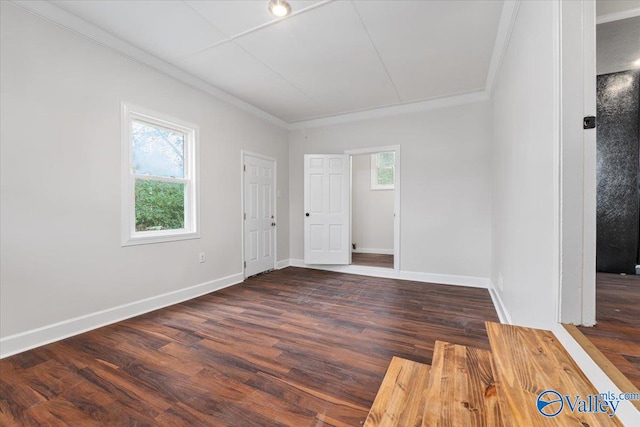 spare room featuring crown molding and dark hardwood / wood-style flooring