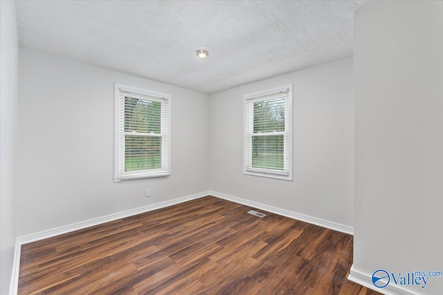 spare room with dark hardwood / wood-style flooring, a textured ceiling, and plenty of natural light