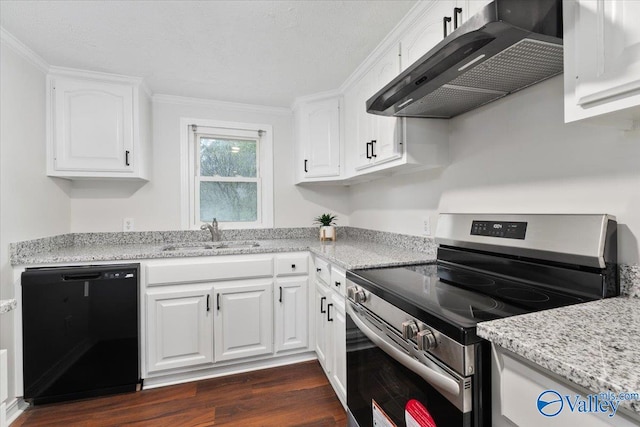 kitchen with dishwasher, white cabinetry, sink, and stainless steel range with electric cooktop