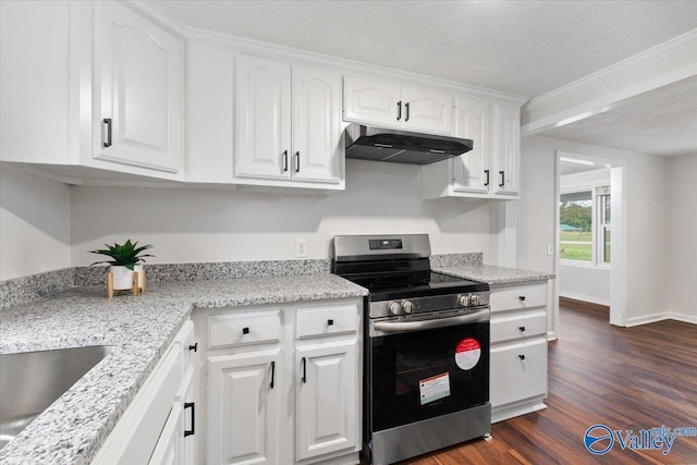 kitchen with white cabinets, dark hardwood / wood-style flooring, and stainless steel range oven