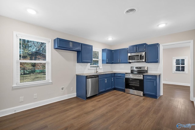 kitchen featuring tasteful backsplash, visible vents, blue cabinetry, appliances with stainless steel finishes, and a sink