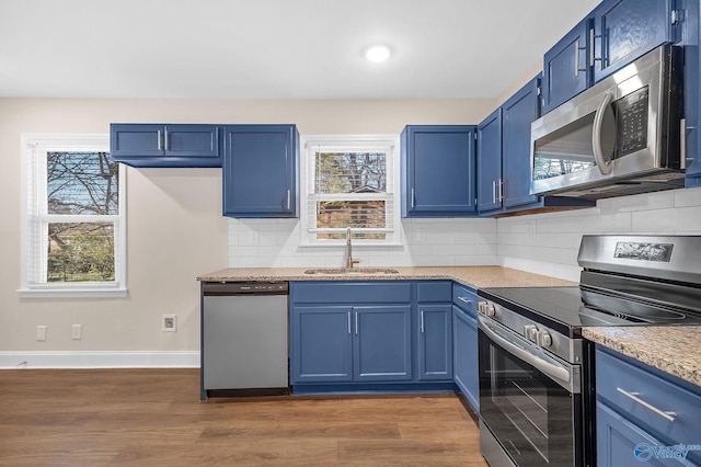 kitchen featuring a sink, blue cabinets, and stainless steel appliances