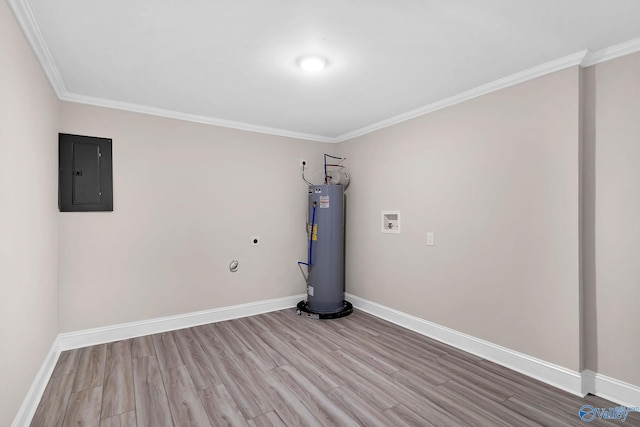 empty room with electric panel, baseboards, light wood-style flooring, and water heater