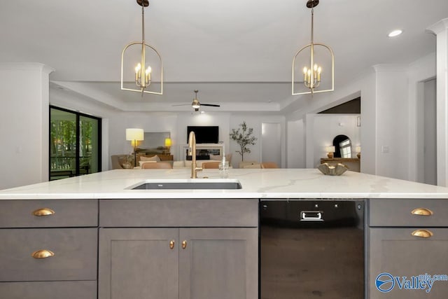 60 Trail Loop Rd, Huntsville, AL 35803 - kitchen with black dishwasher, open floor plan, light stone counters, gray cabinets, and a ceiling fan