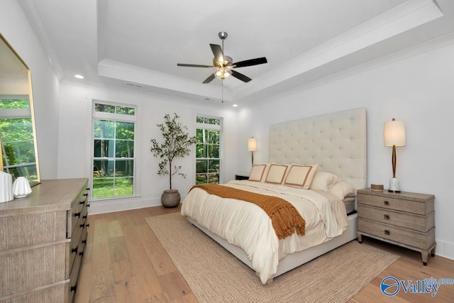 60 Trail Loop Rd, Huntsville, AL 35803 - bedroom with a raised ceiling, crown molding, light wood-type flooring, recessed lighting, and a ceiling fan