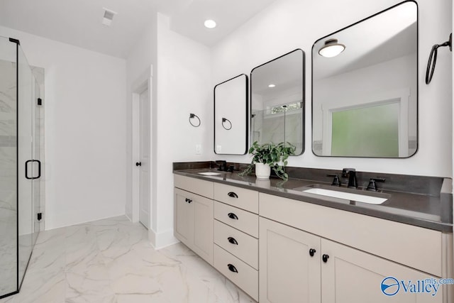 60 Trail Loop Rd, Huntsville, AL 35803 - bathroom with marble look tile flooring, a marble finish shower, double vanity, and recessed lighting