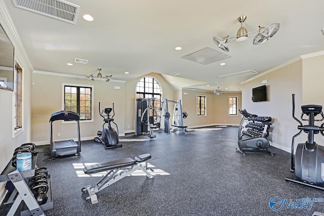 60 Trail Loop Rd, Huntsville, AL 35803 - gym featuring crown molding, recessed lighting, and attic access