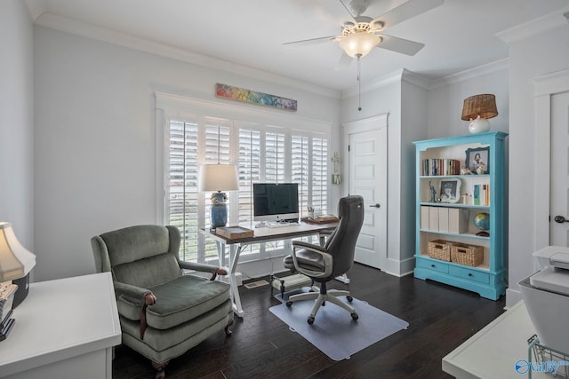 office space with dark wood-style floors, ceiling fan, and ornamental molding