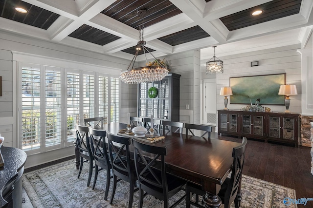 dining room with beamed ceiling, wood-type flooring, and coffered ceiling