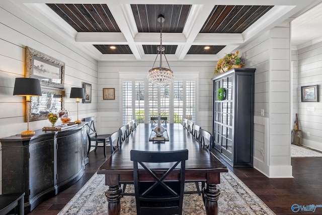 dining area with beamed ceiling, coffered ceiling, dark wood-type flooring, and an inviting chandelier