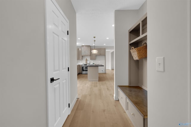 mudroom with light hardwood / wood-style flooring