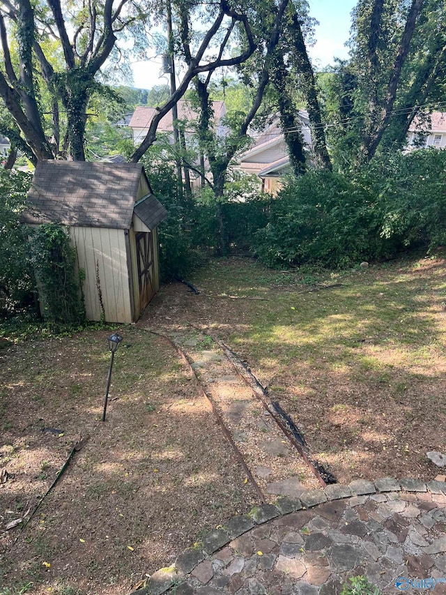 view of yard with a storage shed