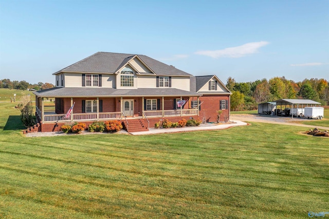 farmhouse-style home featuring a front lawn, a porch, and a carport