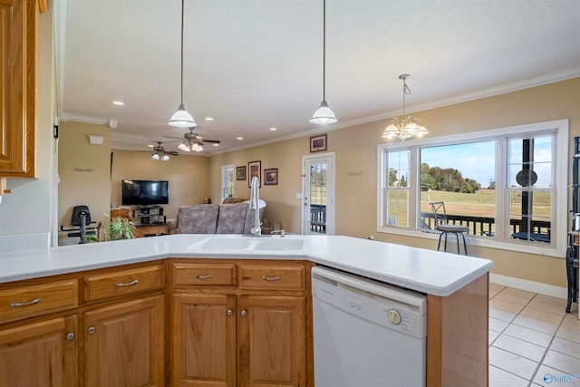 kitchen featuring dishwasher, decorative light fixtures, light tile patterned flooring, ceiling fan with notable chandelier, and ornamental molding