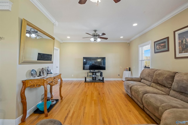 living room with crown molding and light wood-type flooring