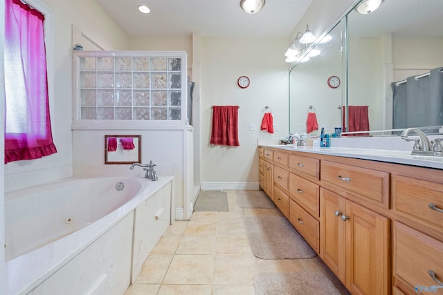 bathroom with separate shower and tub, tile patterned flooring, and vanity