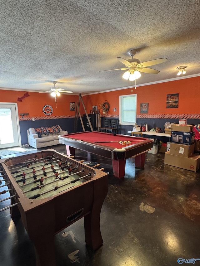 playroom featuring billiards, ornamental molding, a textured ceiling, ceiling fan, and finished concrete floors
