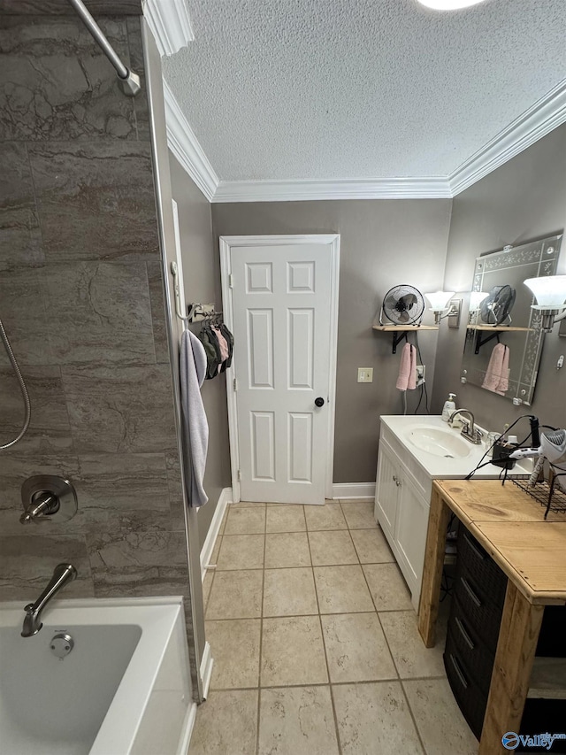 full bathroom with crown molding, baseboards, vanity, and a textured ceiling
