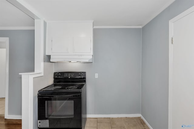 kitchen featuring crown molding, baseboards, under cabinet range hood, white cabinets, and black electric range oven