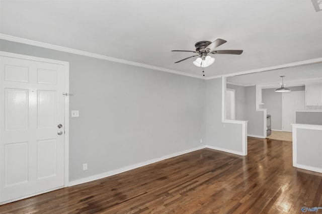 unfurnished living room with ceiling fan, crown molding, baseboards, and wood-type flooring