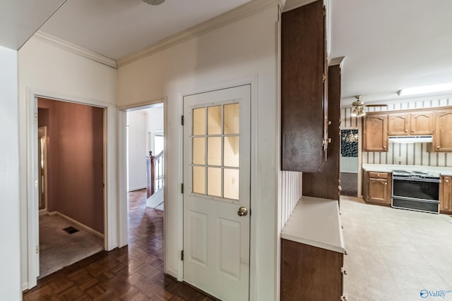 corridor featuring dark parquet flooring and ornamental molding